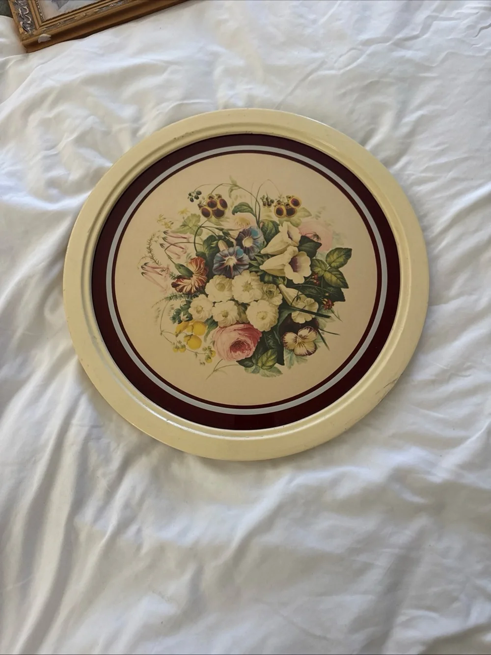 Floral IBF Co Round Wall Plaque in Cream and Burgundy